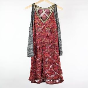 BKE Sweater Long Open Shoulder Open Knit Size Medium Red Gray